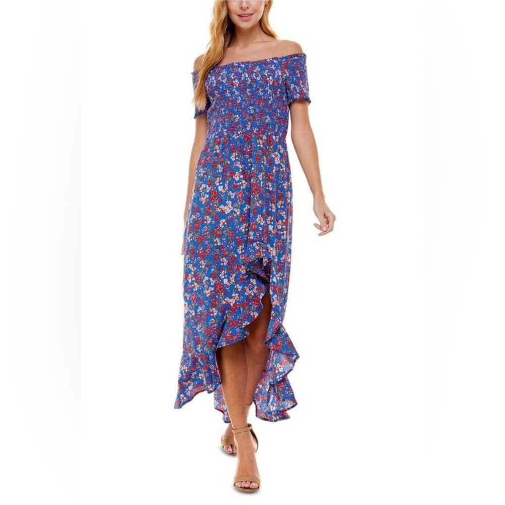 Crystal Doll Women Blue Stretch Smocked Ruffled Floral Short Sleeve/off Shoulder